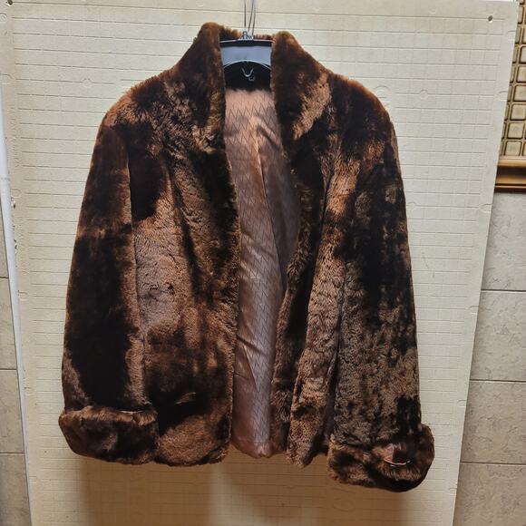 Vintage Mid Century Chocolate Faux Fur Jacket w Cuffed Bell Sleeves Medium/Large - Picture 1 of 10